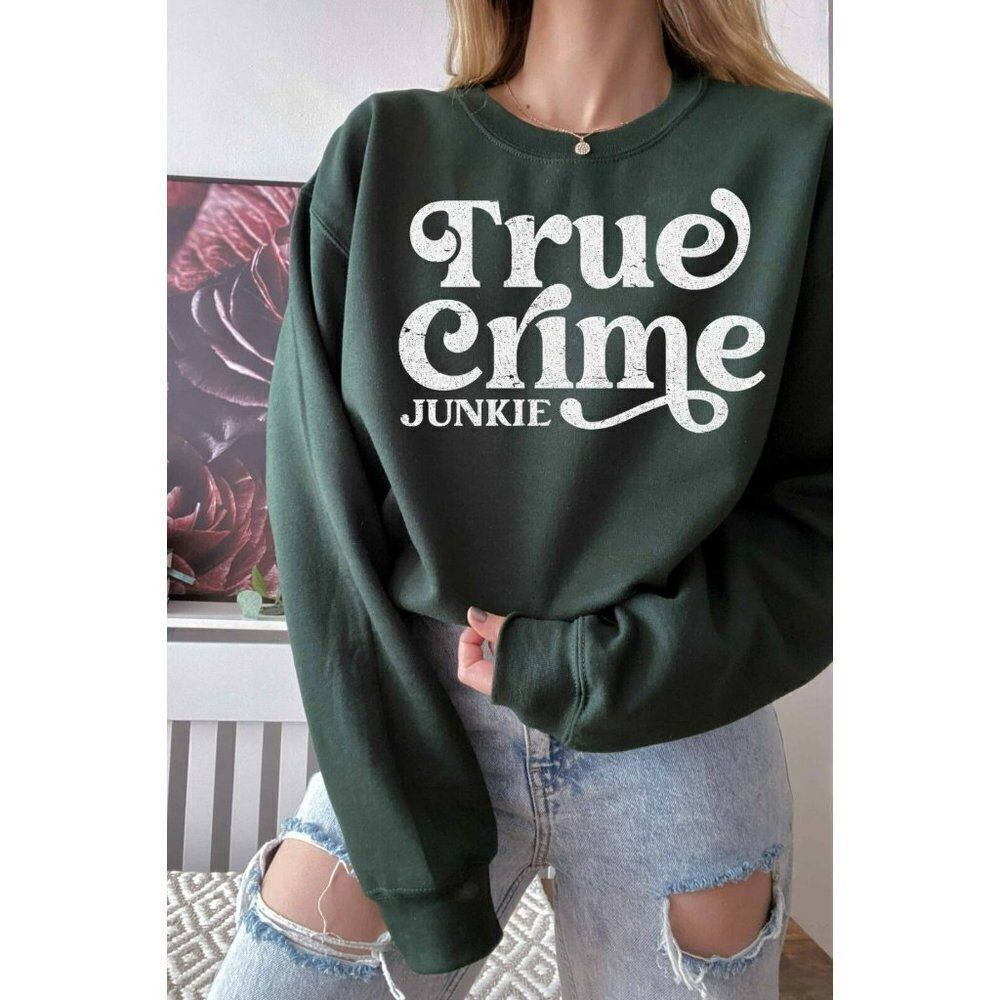 TRUE CRIME JUNKIE GRAPHIC HOODIE Women's White Black Sweatshirt Pullover Slogan
